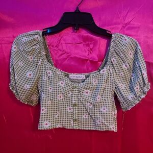 Gingham Flower Crop Top with Buttons